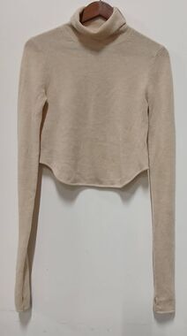 Elsa womens medium cropped sweater beige 100% cashmere turtleneck lightweight